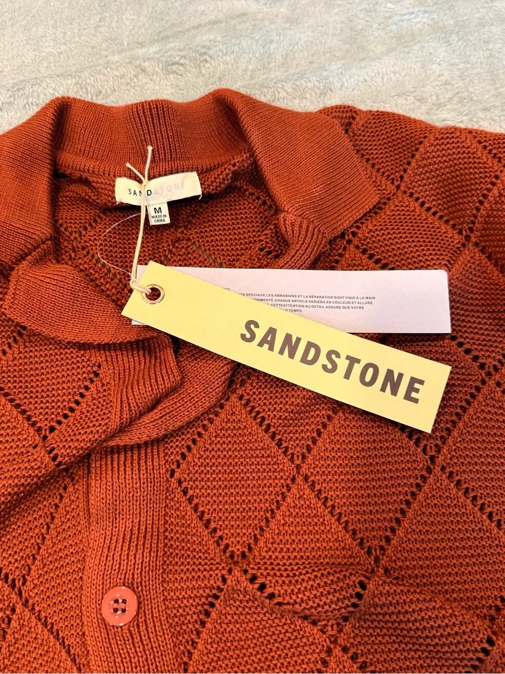 Sandstone Knit Button Front Camp Collar Sweater Shirt Men’s Medium Rust NWT